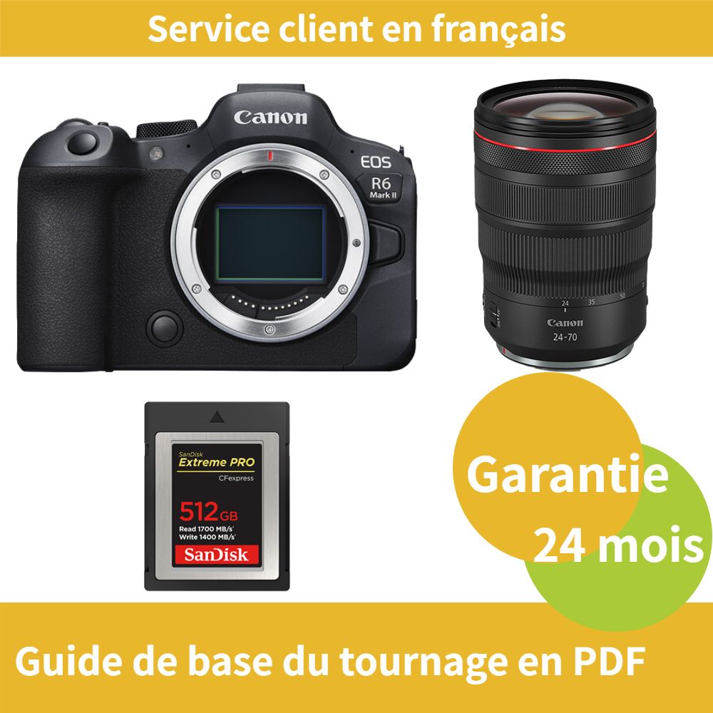 Canon EOS R6 Mark II Camera + Canon RF24-70mm f/2.8L IS USM Lens + SanDisk 512GB Extreme SD Card (Type B)