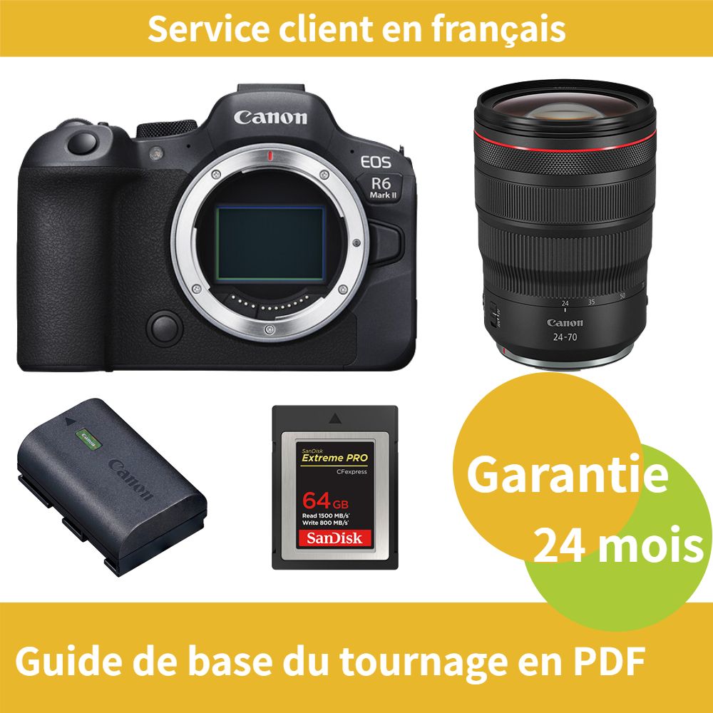 Cámaras Canon EOS R6 Mark II + Objetivo Canon RF24-70mm f/2.8L IS USM + Batería oficial Canon LP-E6NH + Tarjeta de memoria SanDisk 64GB Extreme SD PRO CFexpress Tipo B