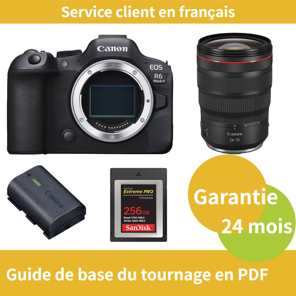 Canon EOS R6 Mark II Camera + Canon RF24-70mm f/2.8 L IS USM Lens + Official Canon LP-E6NH Battery + SanDisk 256GB Extreme SD Card (Type B)