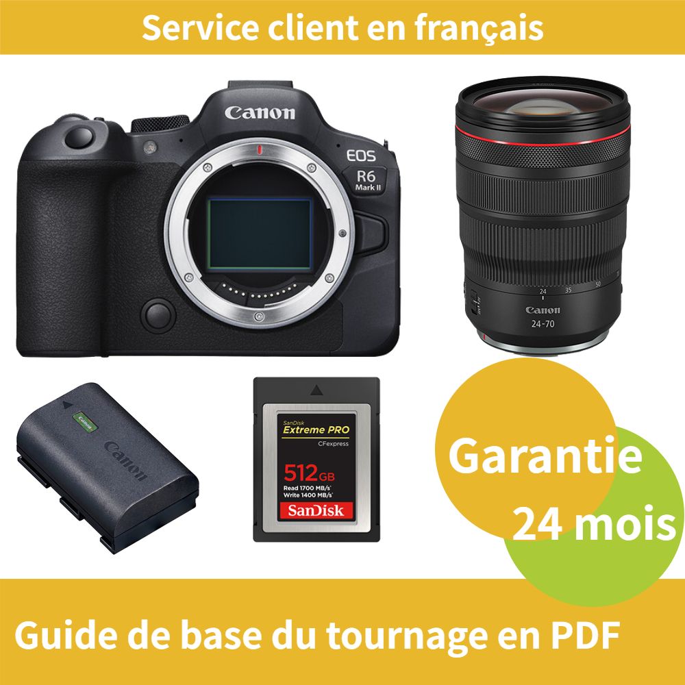 Canon EOS R6 Mark II Camera + RF24-70mm F/2.8 L IS USM Lens + LP-E6NH Battery + 512GB SanDisk Extreme SD Card (Type B)