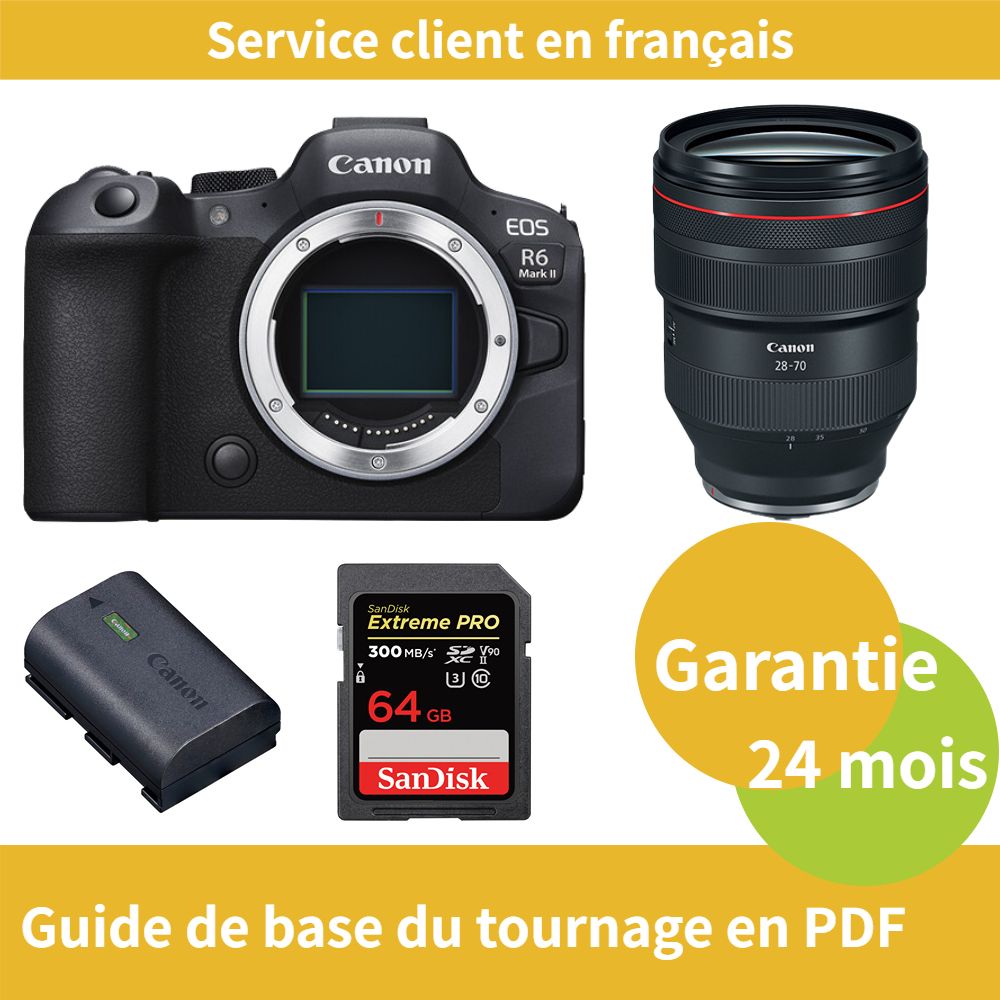 Cámara Canon EOS R6 Mark II + Objetivo RF 28-70mm f/2 L USM + Batería oficial Canon LP-E6NH + Tarjeta SDXC UHS-II SanDisk de 64 GB Extreme PRO