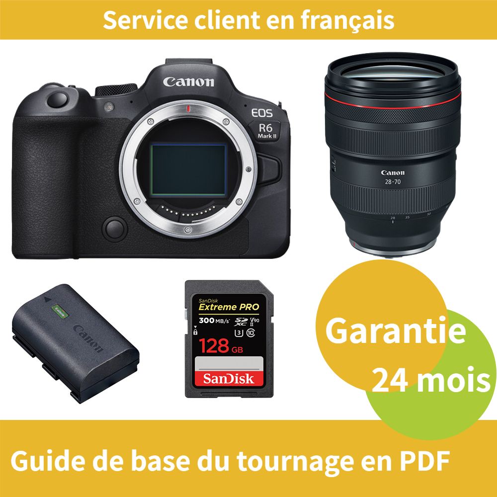 Cámara Canon EOS R6 Mark II + Objetivo RF 28-70mm f/2 L USM + Batería oficial Canon LP-E6NH + Tarjeta SDXC UHS-II SanDisk de 128 GB Extreme PRO