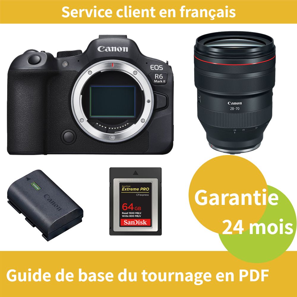 Cámaras Canon EOS R6 Mark II + Objetivo RF 28-70mm f/2 L USM + Batería oficial Canon LP-E6NH + Tarjeta SD SanDisk de 64 GB Extreme (Tipo B)