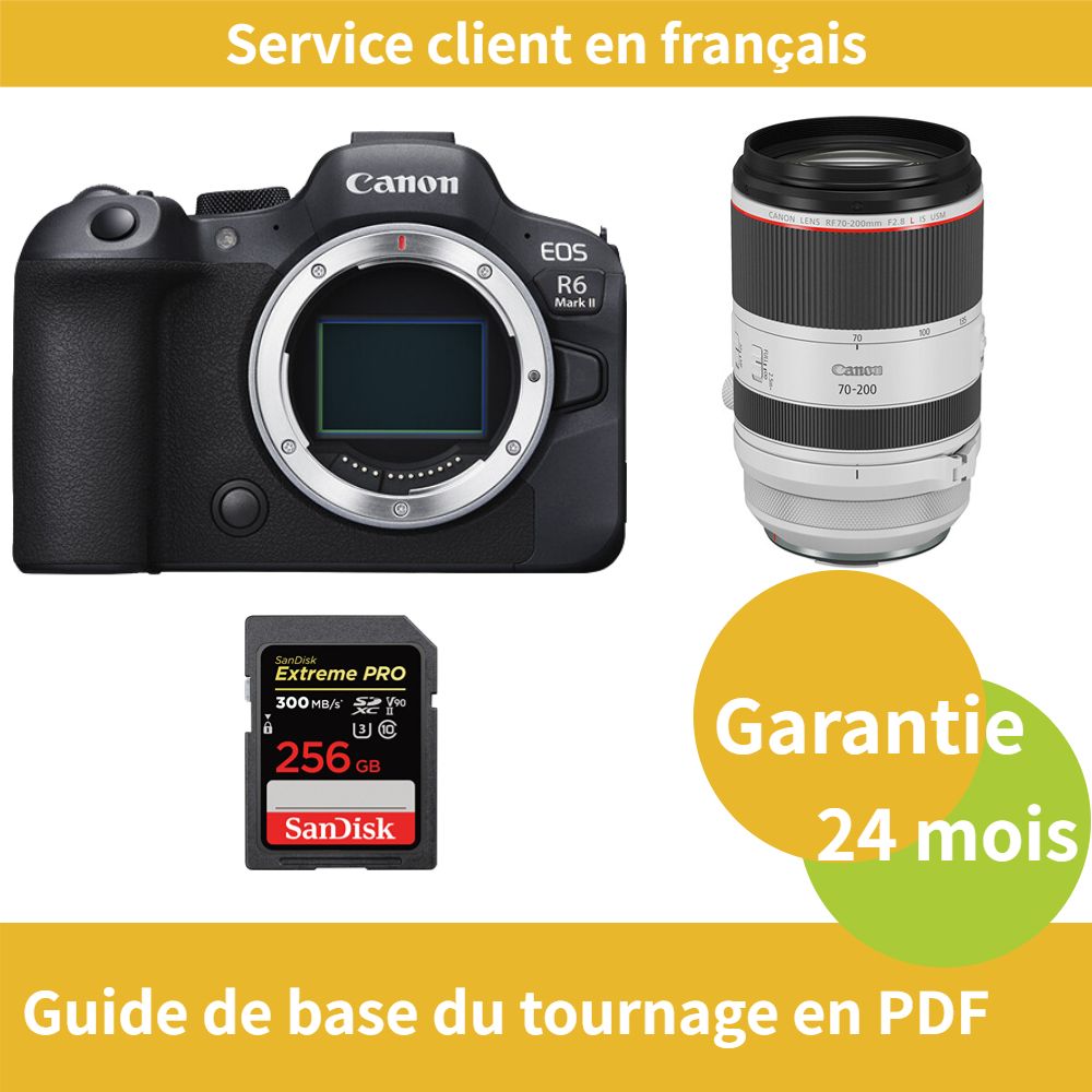 Canon EOS R6 Mark II Camera + Canon RF 70-200mm F2.8 L IS USM Lens + SanDisk 256GB Extreme PRO SDXC UHS-II Card