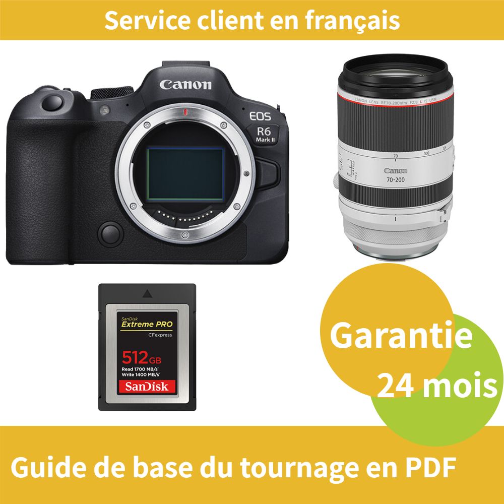 Canon EOS R6 Mark II Camera + Canon RF 70-200mm F2.8 L IS USM Lens + SanDisk 512GB Extreme SD Card (Type B)