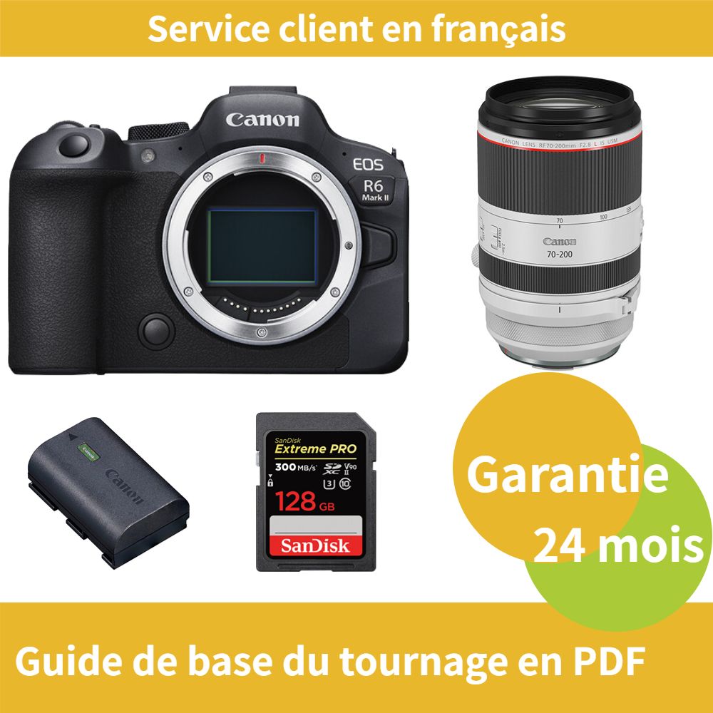 Cámara Canon EOS R6 Mark II + Objetivo Canon RF 70-200mm f/2.8 L IS USM + Batería oficial Canon LP-E6NH + Tarjeta de memoria SanDisk 128GB Extreme PRO UHS-II SDXC