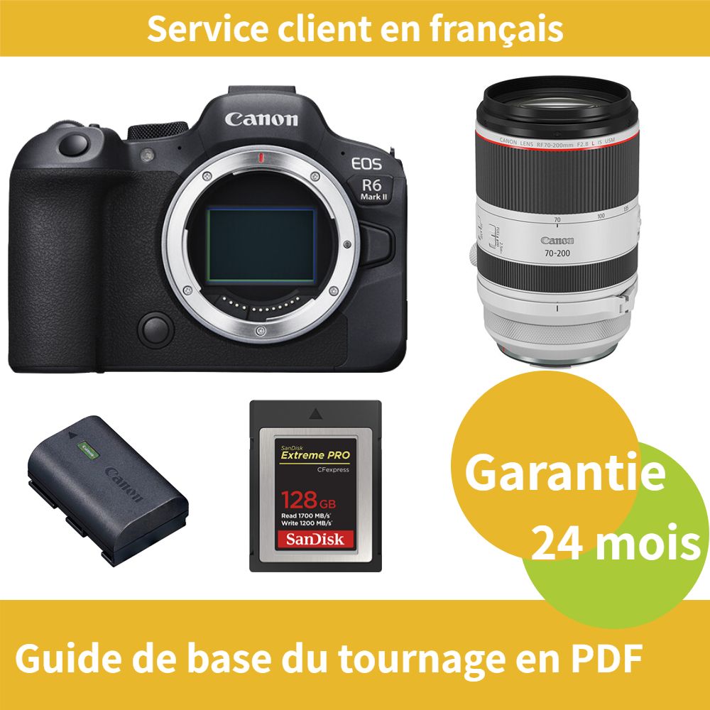 Cámara Canon EOS R6 Mark II + Objetivo RF 70-200mm F2.8 L IS USM + Batería oficial LP-E6NH + Tarjeta SD SanDisk 128GB Extreme PRO CFexpress Tipo B