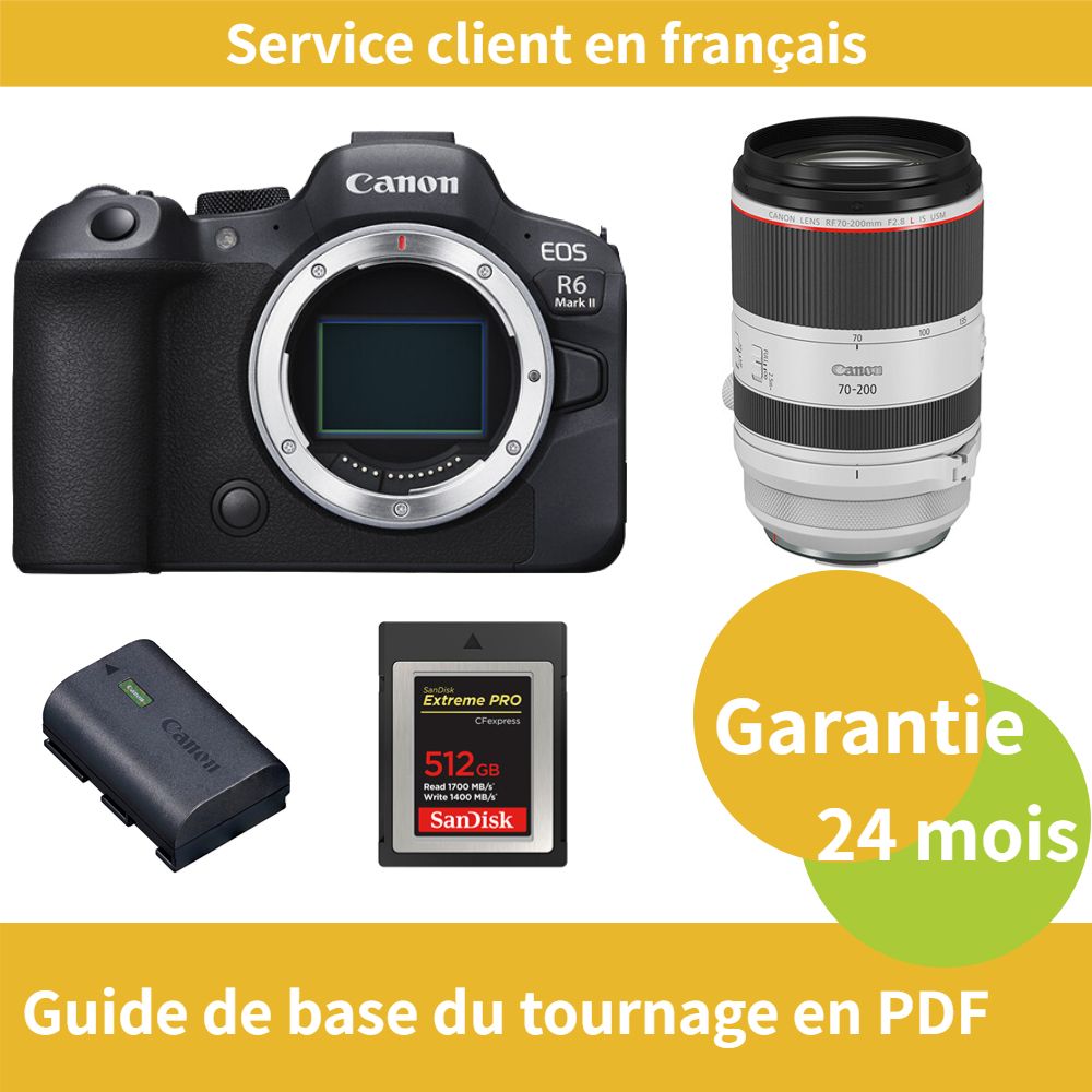 Canon EOS R6 Mark II Camera + Canon RF 70-200mm F2.8 L IS USM Lens + Official Canon LP-E6NH Battery + SanDisk 512GB Extreme SD Card (PRO CFexpress Type B)