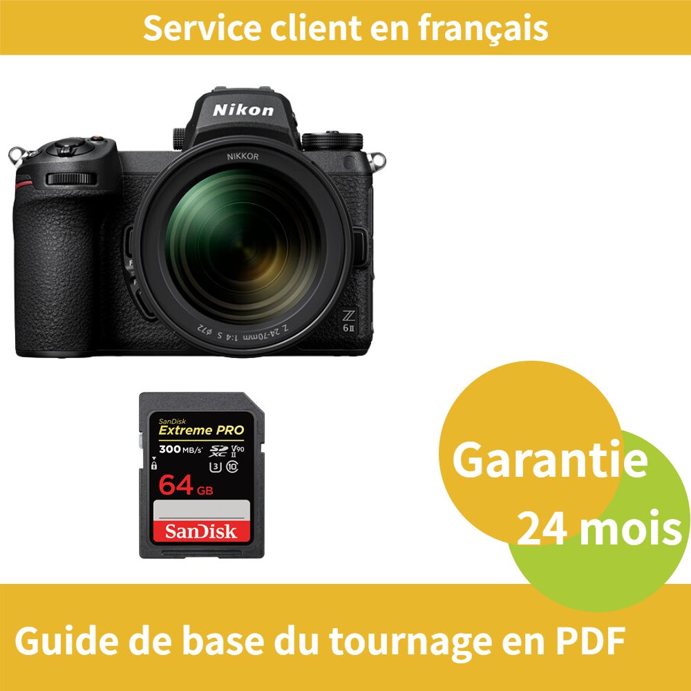 Kit de cámara híbrida de formato completo Nikon Z6 II con objetivo 24-70mm f/4 S y tarjeta SDXC Ultra Rápida PRO de 64 GB de SanDisk