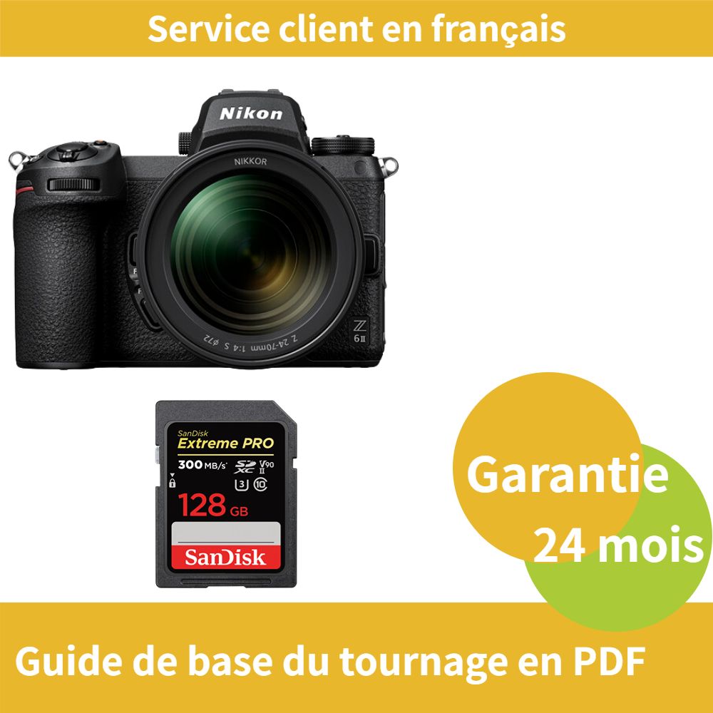 Kit de cámara híbrida de formato completo Nikon Z6 II con lente 24-70mm f/4 S y tarjeta SDXC UHS-II SanDisk de 128 GB