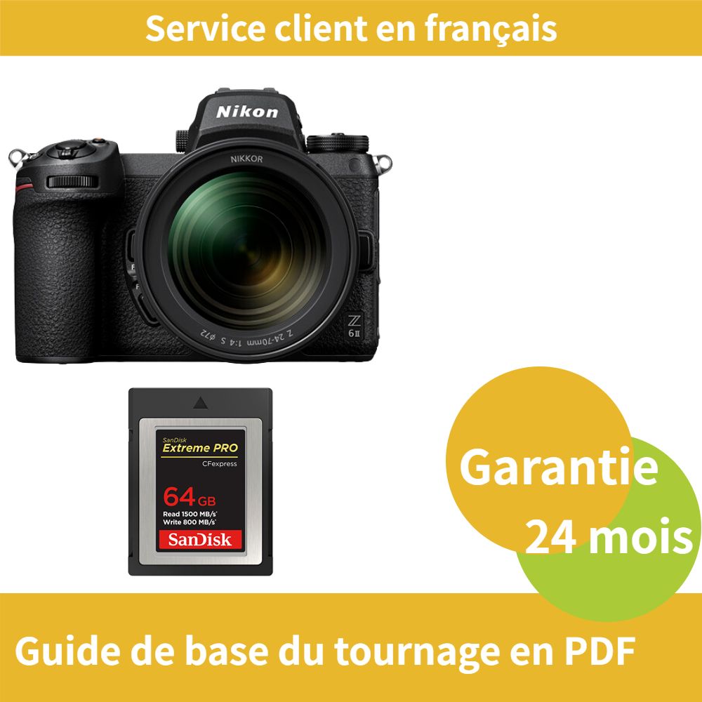 Kit de cámara híbrida de marco completo Nikon Z6 II con objetivo 24-70mm f/4 S y tarjeta SD de 64GB SanDisk Extreme (Tipo B CFexpress PRO)