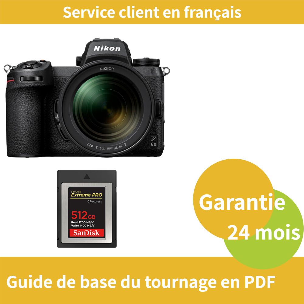 Kit de cámara híbrida de formato completo Nikon Z6 II con objetivo 24-70 mm f/4 S y tarjeta SD de 512 GB SanDisk Extreme (Tipo B CFexpress)