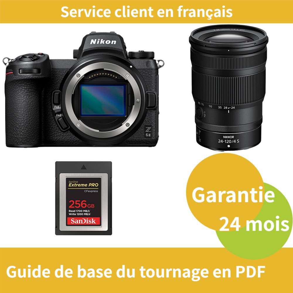 Appareil photo hybride plein format Nikon Z6 II avec objectif 24-120 mm f/4 S + carte SD SanDisk 256 Go Extrême (type PRO CFexpress B)