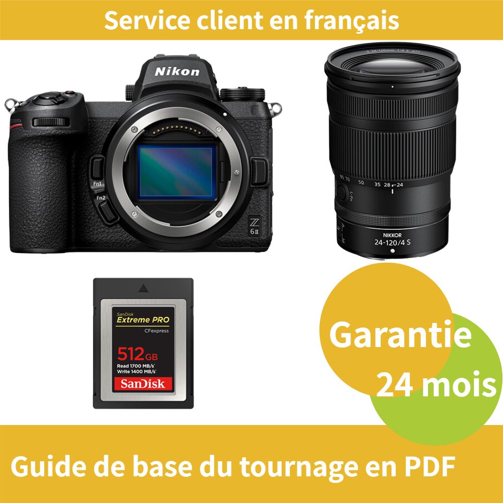 Appareil photo hybride Nikon Z6 II plein format avec objectif 24-120 mm f/4 S et carte SD 512 Go Sandisk Extreme (Type B CFexpress Pro)