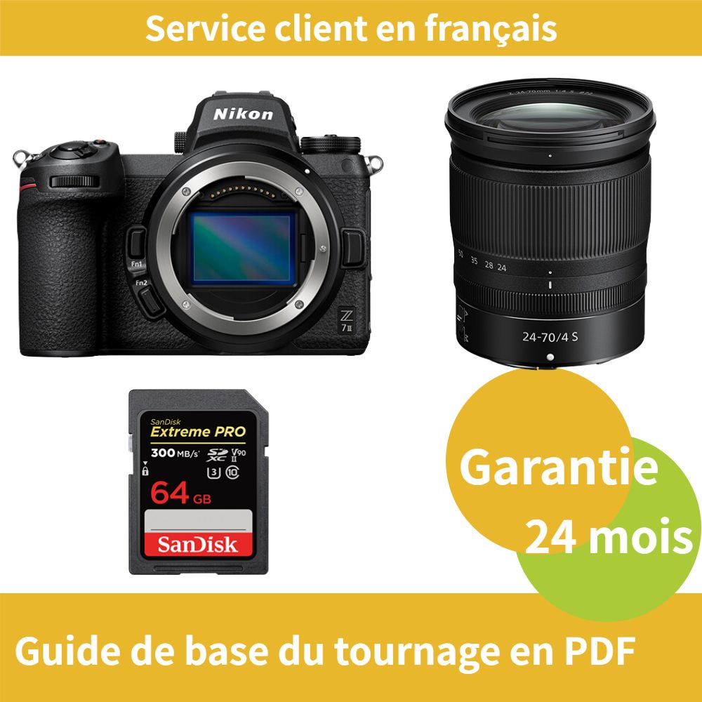 Kit de cámara híbrida Nikon Z7 II con lente de 24-70 mm f/4 S y tarjeta SDXC UHS-II SanDisk Extreme de 64 GB