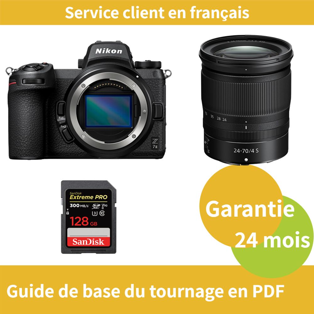 Kit de cámara híbrida Nikon Z7 II de formato completo con lente Z 24-70mm f/4 S y tarjeta SDXC PRO extrema de 128 GB