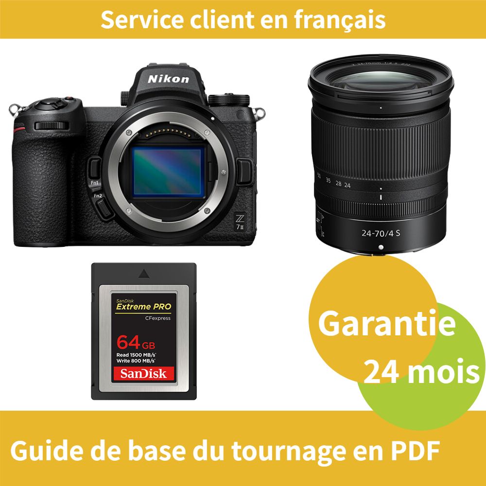 Kit de cámara híbrida de formato completo Nikon Z7 II con objetivo 24-70mm f/4 S y tarjeta SD SanDisk Extreme de 64 GB (tipo CFexpress PRO B)