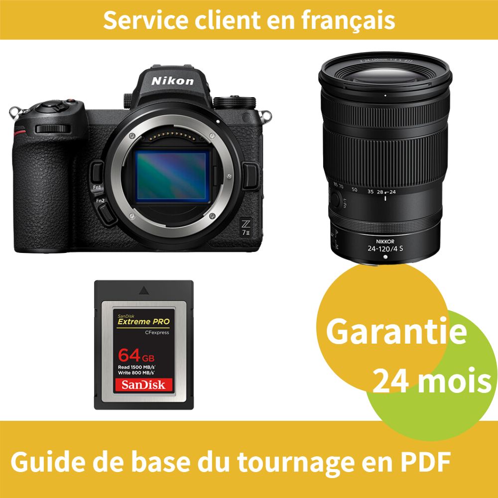 Kit de cámara híbrida Nikon Z7 II de formato completo con lente 24-120mm f/4 S y tarjeta SD de 64GB SanDisk Extreme (tipo CFexpress PRO B)