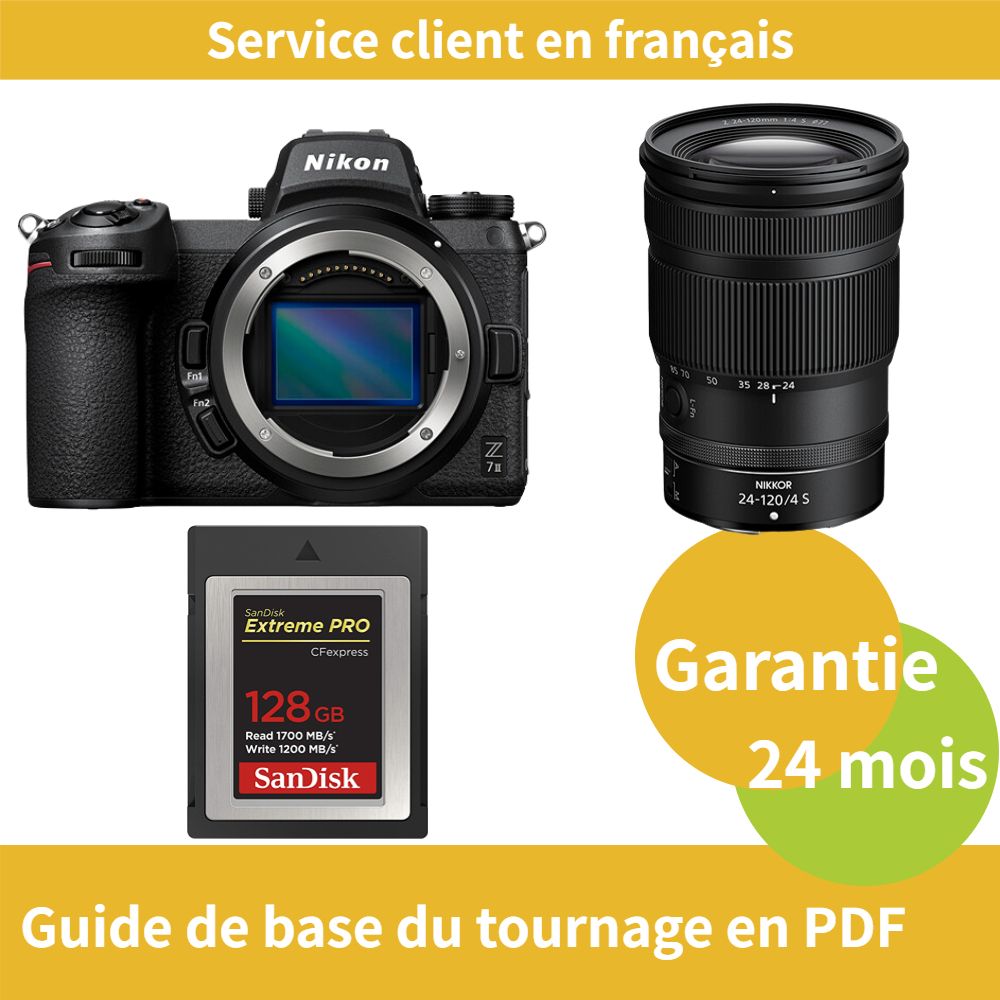 Kit de cámara híbrida Nikon Z7 II de formato completo con lente 24-120 mm f/4 S + tarjeta SD SanDisk de 128 GB (Tipo B PRO CFexpress)