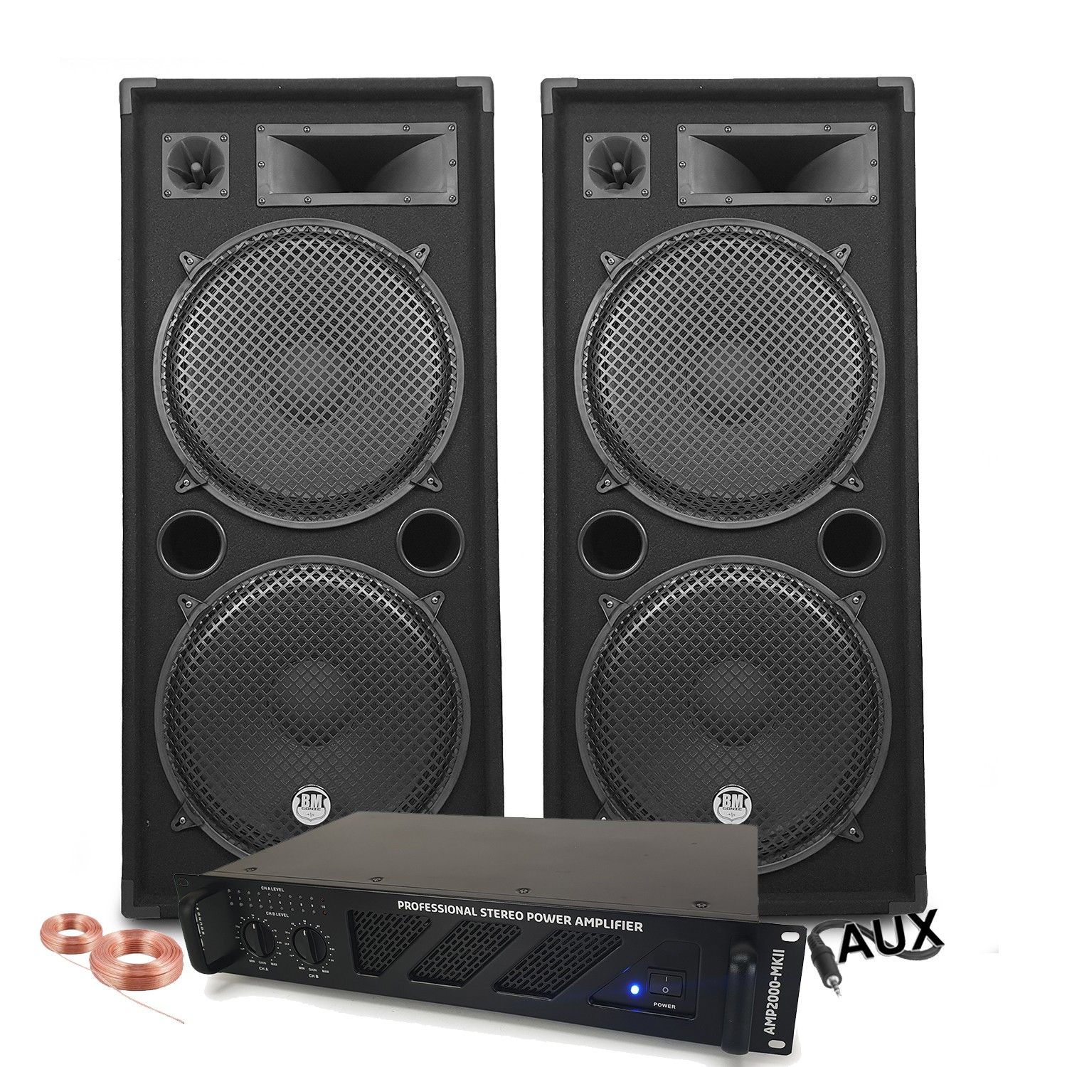Pack Sono Ibiza Sound 7000W Total - 2 Enceintes BM Sonic, Ampli ventilé, Table Bluetooth/USB