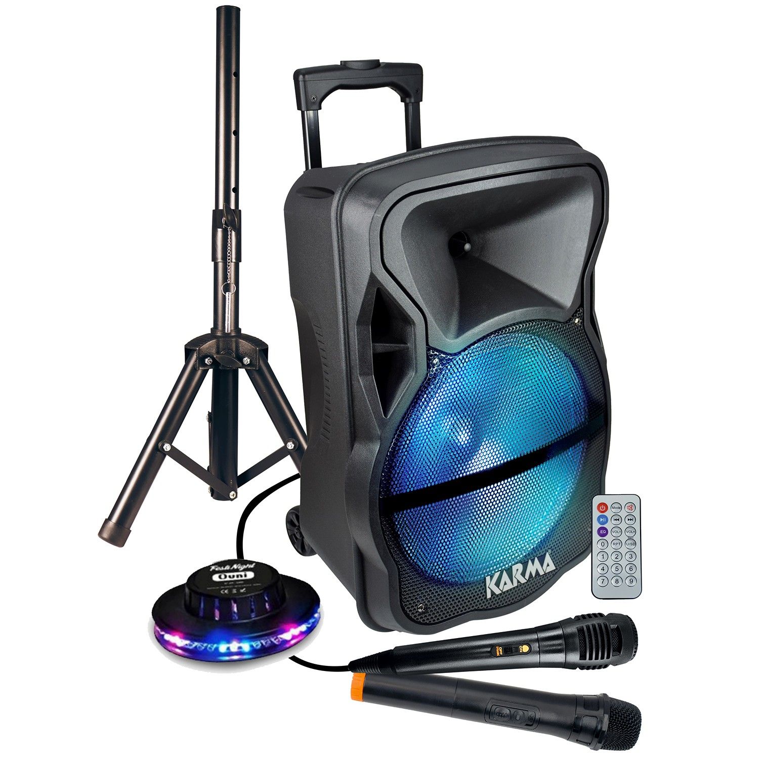 Haut-parleur amplifié Karma PSB12'' 600W PMPO, alimenté par batterie, LED, 2 micros USB SD Bluetooth TWS, support pied, lumière LED OVNI RVB