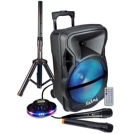 Karma Amplified Speaker PSB12" 600W PMPO, Battery-Powered, LED, 2 USB SD Microphones Bluetooth TWS, Stand, RGB LED OVNI Light