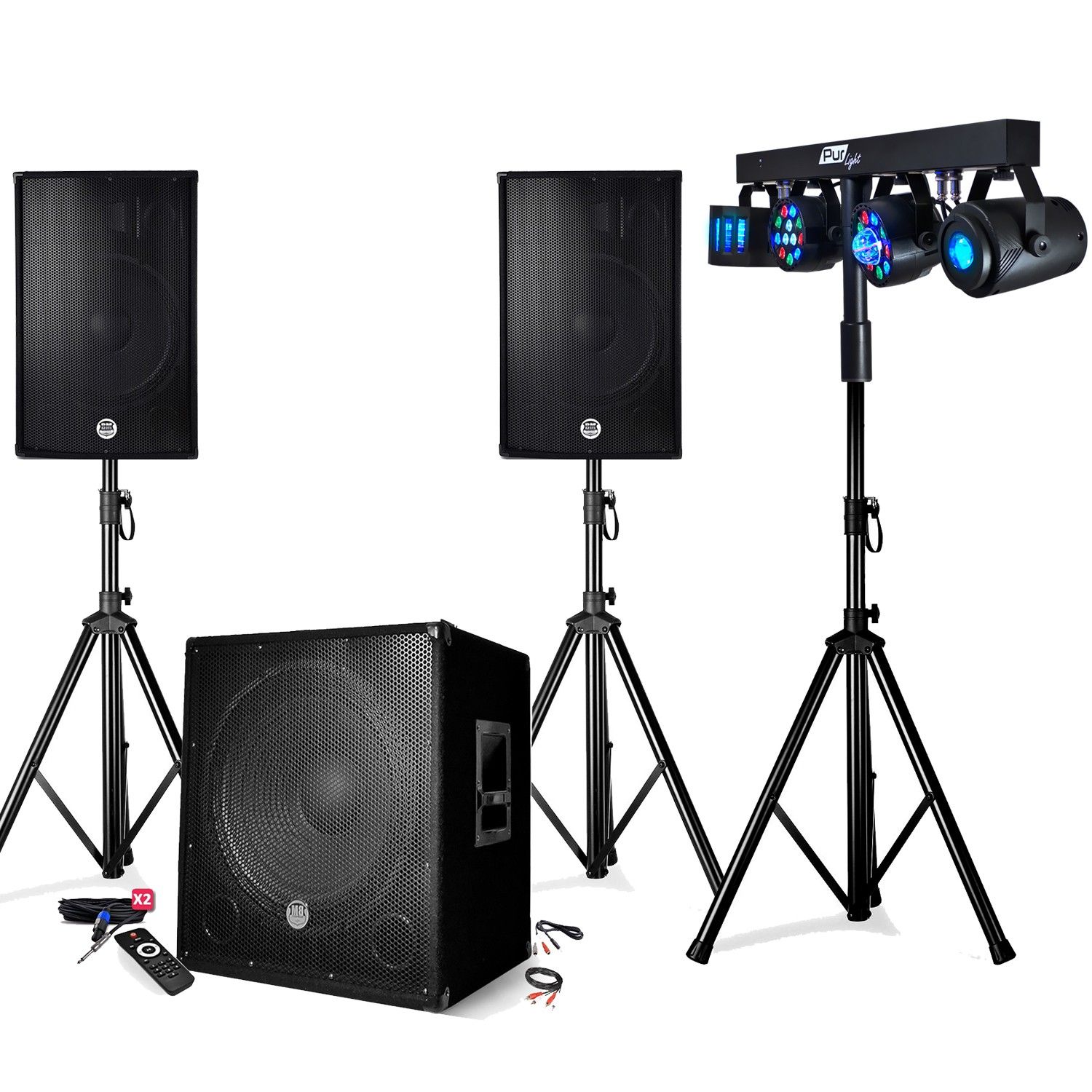 Kit de sonido Bm Sonic BMS-1512 de 2200W - Altavoces/Subwoofer/Soporte con USB/Bluetooth
