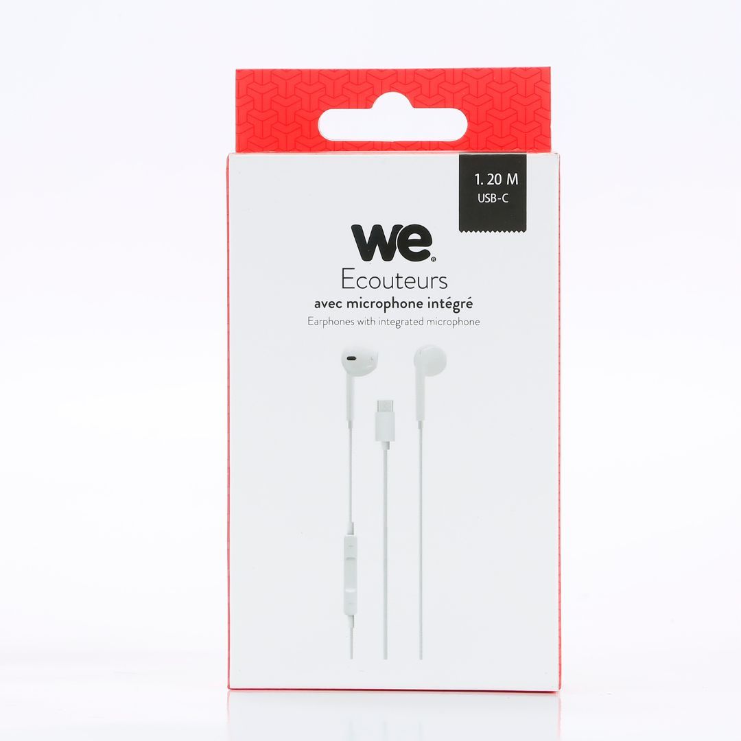 Ecouteurs WE avec connecteur USB-C blanc - Câble 1,20 m, Bouton multifonction, Microphone intégré pour appels