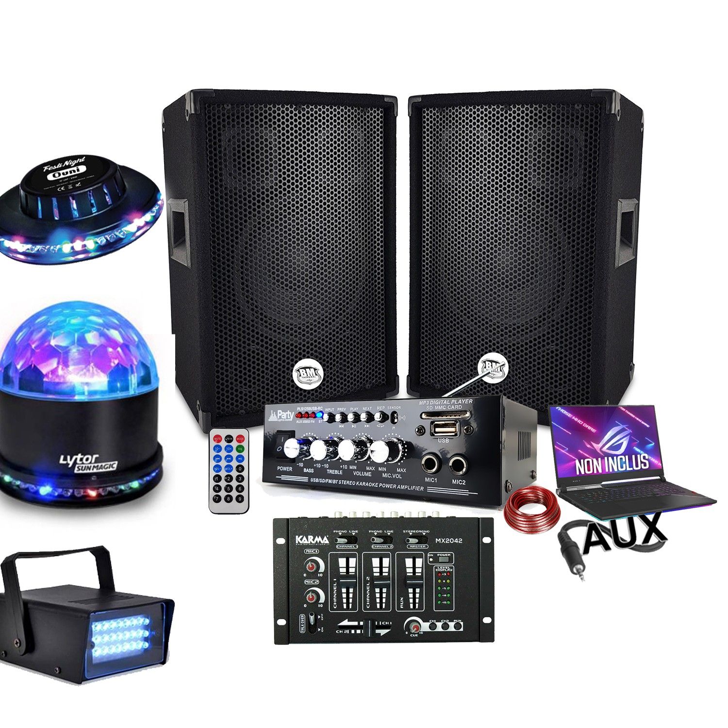 Sistema de Sonido Bm Sonic 600W con Amplificador Bluetooth, 2 Altavoces y Mesa de Mezcla USB