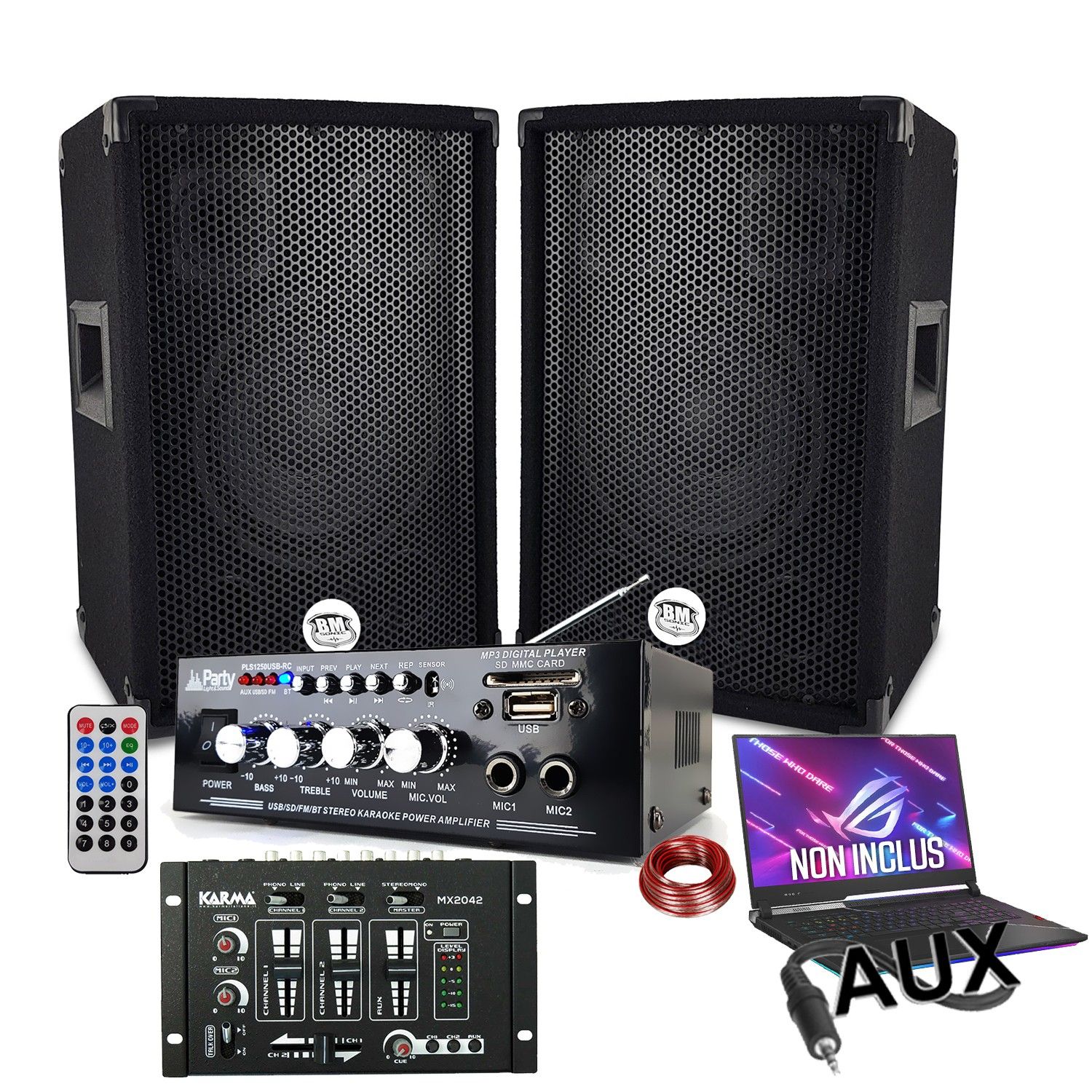 Paquete de sonido Bm Sonic 600W con amplificador USB Bluetooth, 2 altavoces de 300W y mesa de mezclas