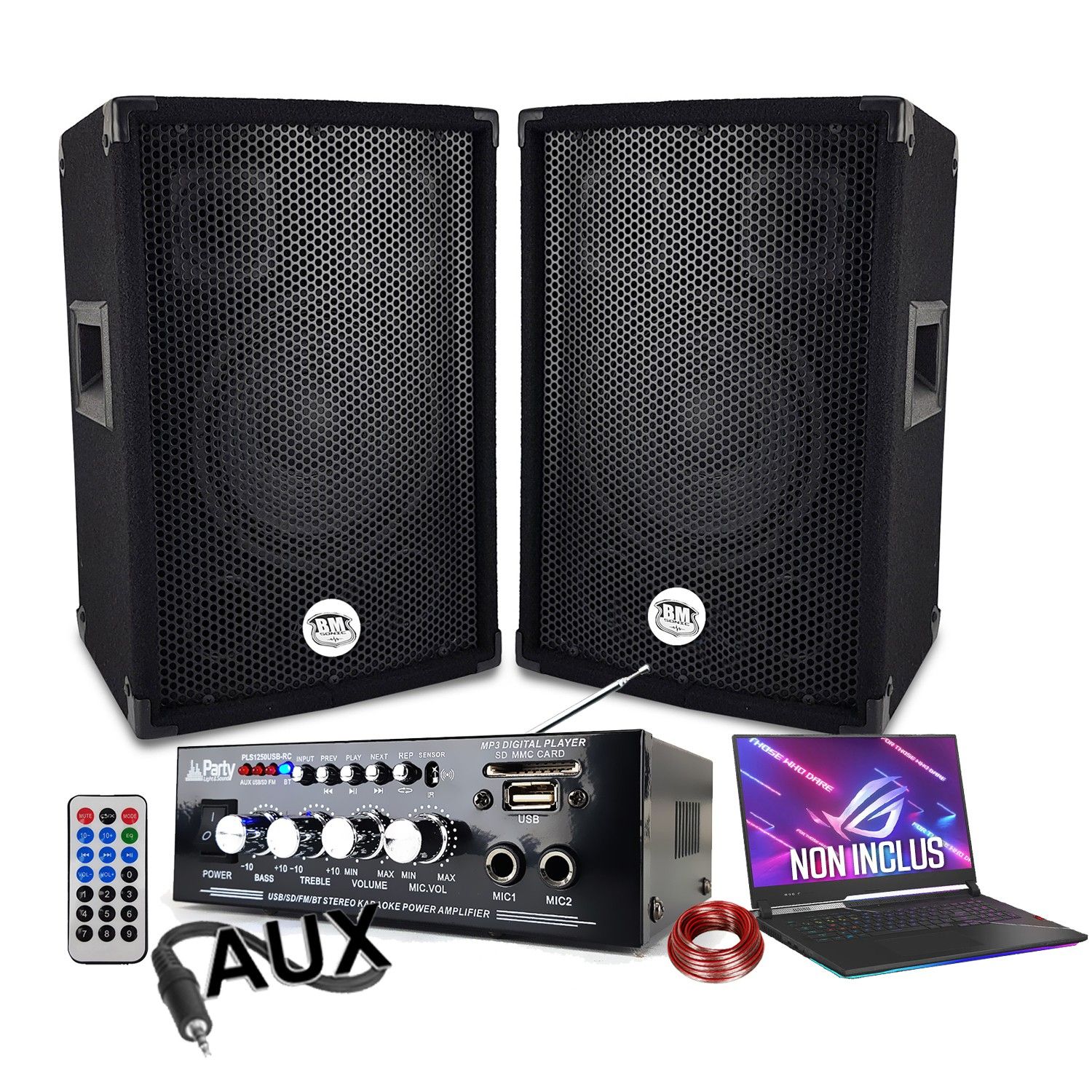Paquete de sonido Bm Sonic 600W con amplificador USB Bluetooth, 2 altavoces de 300W, cables para DJ fiesta en casa familia tienda