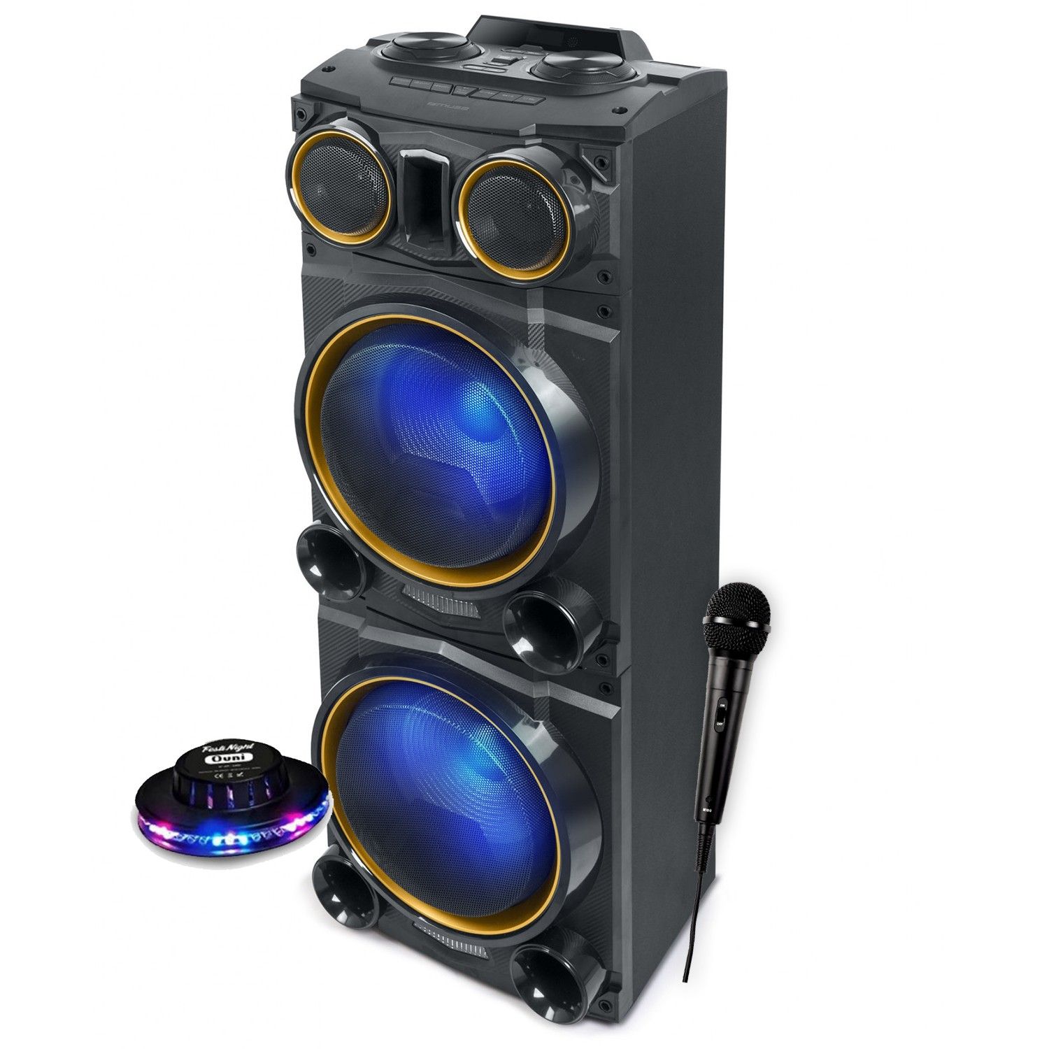 Haut-parleur de fête Muse M-1988 DJ avec effets LED multicolores et clignotants, radio FM PLL avec 60 stations mémorisables, USB/Bluetooth/Radio FM - 2 entrées auxiliaires, lumière OVNI