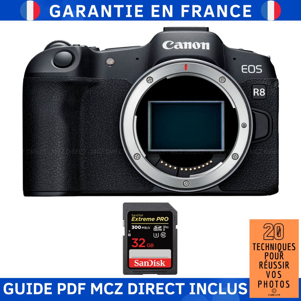 Canon EOS R8 Camera + 1 SanDisk 32GB Extreme PRO UHS-II SDXC Card (300MB/s) + MCZ DIRECT '20 Techniques for Succeeding in Photos