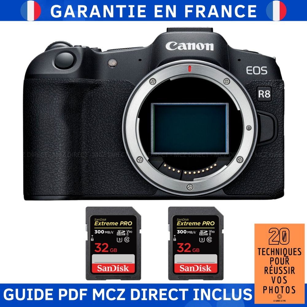 Canon EOS R8 + 2 SanDisk 32GB Extreme PRO UHS-II SDXC 300MB/s Memory Card Kit