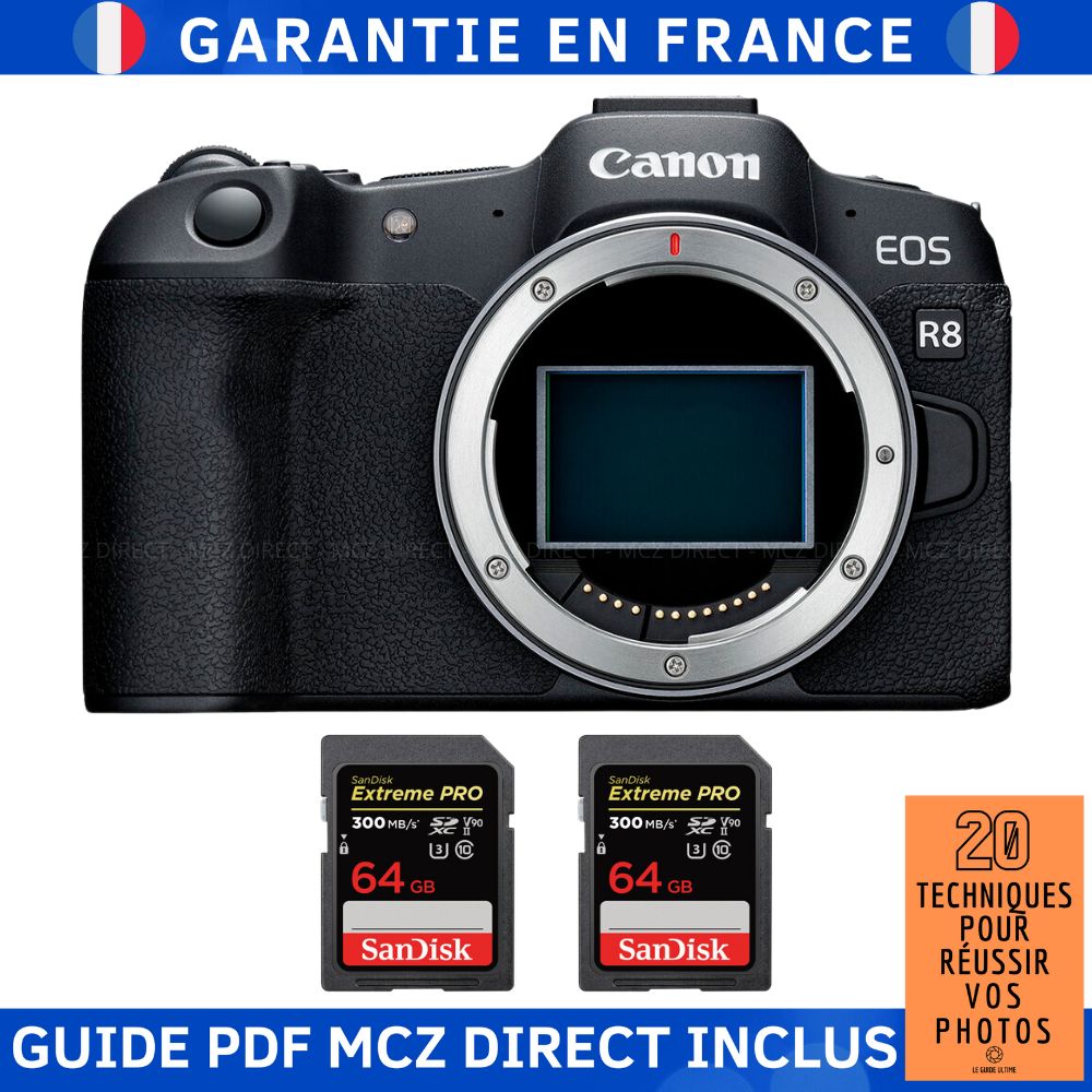 Canon EOS R8 + 2 SanDisk 64GB Extreme PRO UHS-II SDXC 300MB/s Memory Card Kit