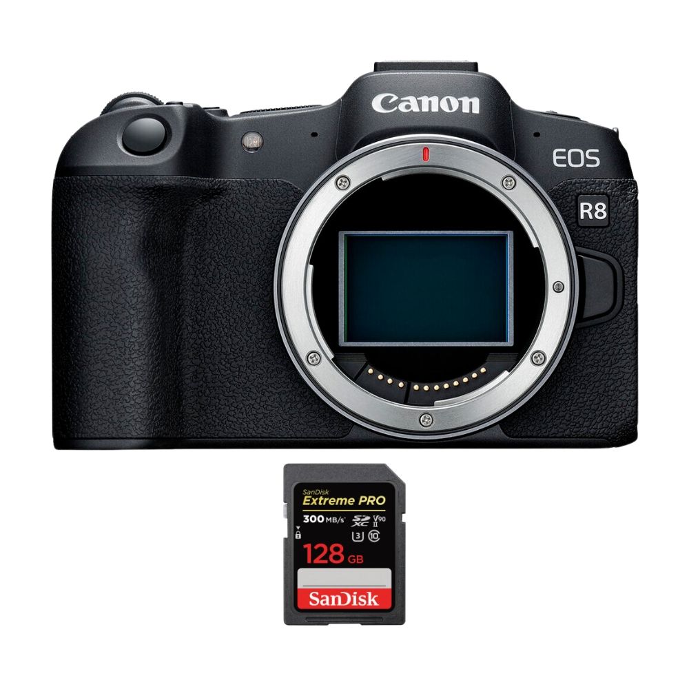 Canon EOS R8 + 1 tarjeta SanDisk 128GB Extreme PRO UHS-II SDXC 300 MB/s + guía PDF MCZ DIRECT: 20 técnicas para tener éxito con tus fotos