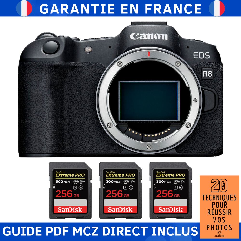 Canon EOS R8 + 3x SanDisk 256GB Extreme PRO UHS-II SDXC Card (300 MB/s) + Guide PDF '20 Techniques for Successful Photos'