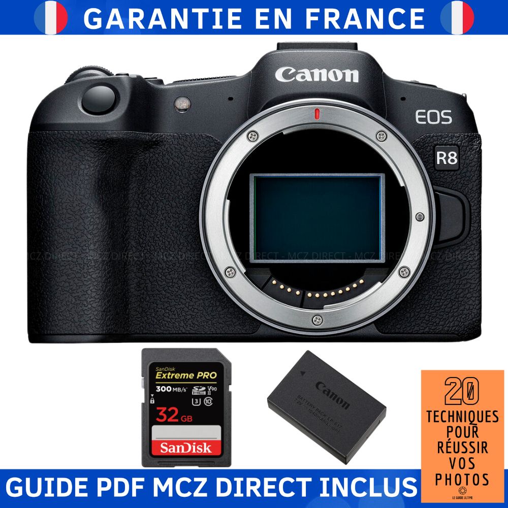 Canon EOS R8 + 1 SanDisk 32GB Extreme PRO UHS-II SDXC Card + Canon LP-E17 Battery + '20 Techniques for Mastering Your Photos' Guide