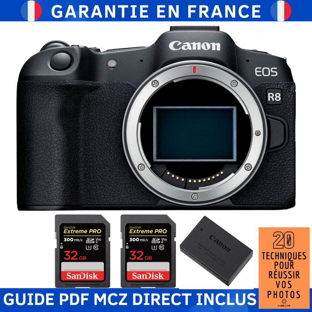 Canon EOS R8 + 2x SanDisk 32GB Extreme PRO UHS-II SDXC 300MB/s + Canon LP-E17 + Guide PDF MCZ