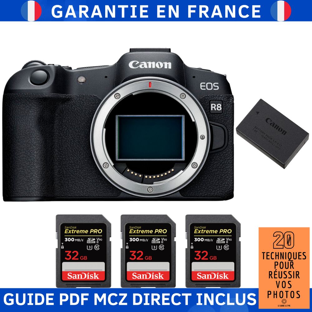 Canon EOS R8 Camera + 3 SanDisk 32GB Extreme PRO UHS-II SDXC Cards + 1 Canon LP-E17 Battery + MCZ DIRECT '20 Techniques Guide