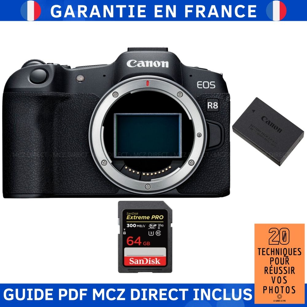 Canon EOS R8 Body + 1 SanDisk 64GB Extreme PRO UHS-II SDXC Card 300MB/s + 1 Canon LP-E17 Battery + Guide PDF