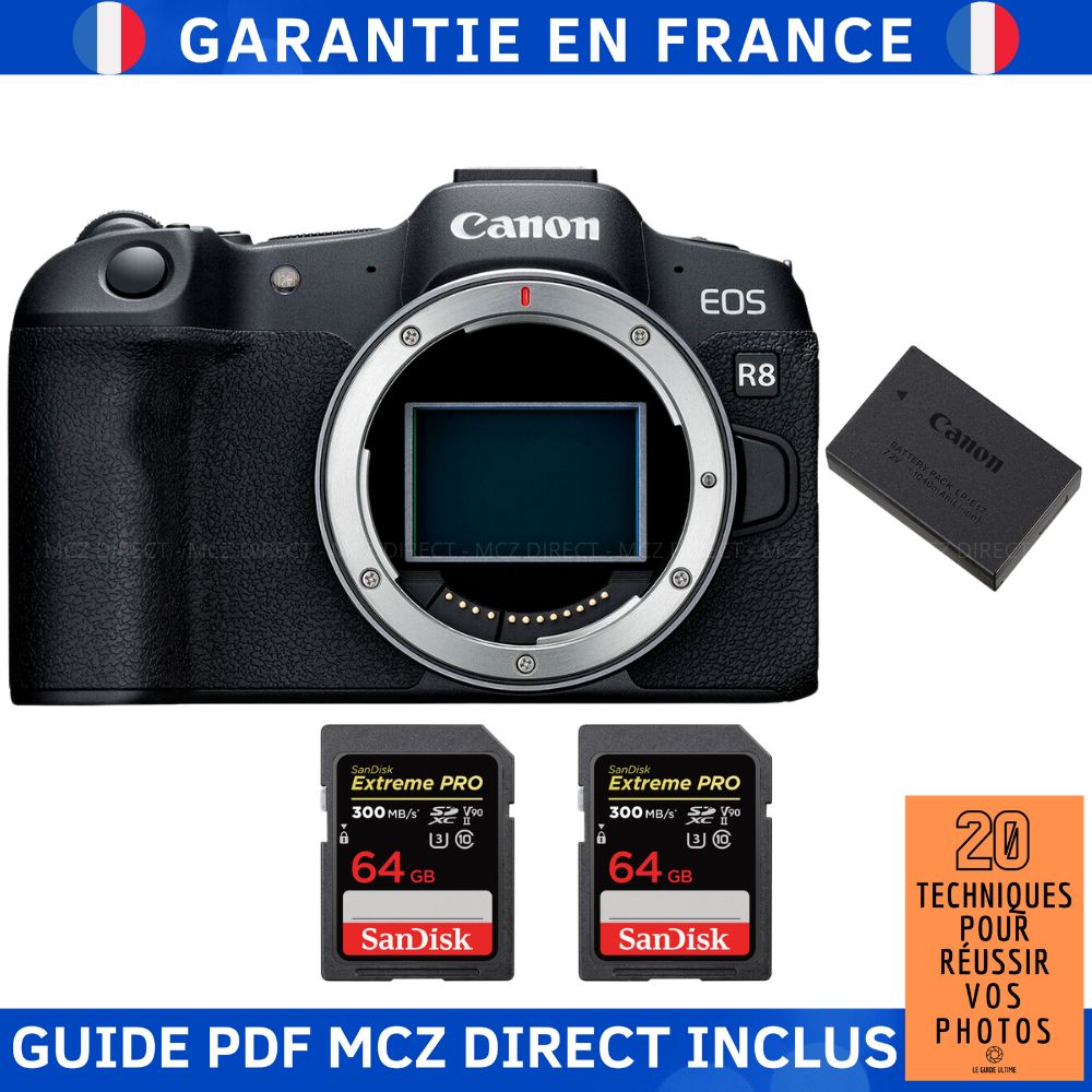 Canon EOS R8 Camera + 2 SanDisk 64GB Extreme PRO UHS-II SD Cards + Canon LP-E17 Battery + PDF Guide: 20 Techniques for Success