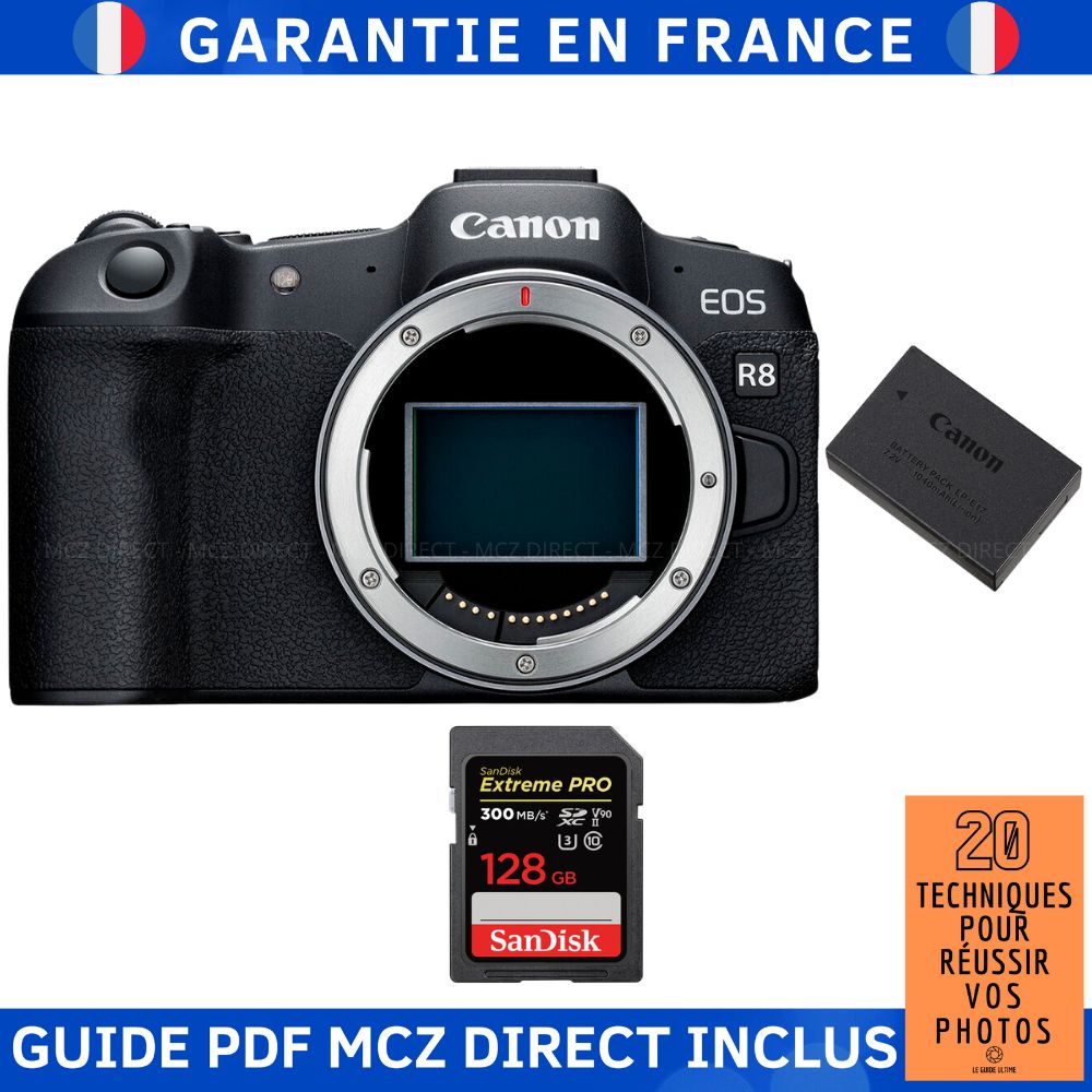 Canon EOS R8 + 1 SanDisk 128GB Extreme PRO UHS-II SDXC Card + 1 Canon LP-E17 Battery + Guide PDF MCZ DIRECT '20 Techniques for Succeeding in Photos