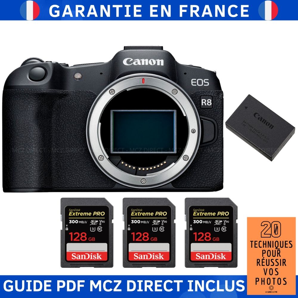 Canon EOS R8 + 3 SanDisk 128GB Extreme PRO UHS-II SDXC 300MB/s + 1 Canon LP-E17 + Guide PDF