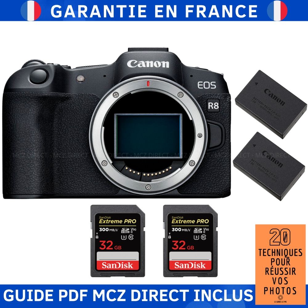 Canon EOS R8 + 2 SanDisk 32GB Extreme PRO UHS-II SDXC 300MB/s Memory Cards + 2 Canon LP-E17 Batteries + '20 Techniques for Succeeding in Photography Guide
