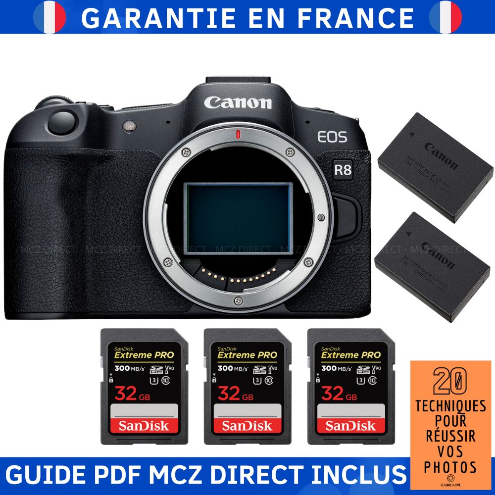 Canon EOS R8 Body + 3 SanDisk 32GB Extreme PRO UHS-II SDXC Cards + 2 Canon LP-E17 Batteries + MCZ DIRECT '20 Techniques Guide
