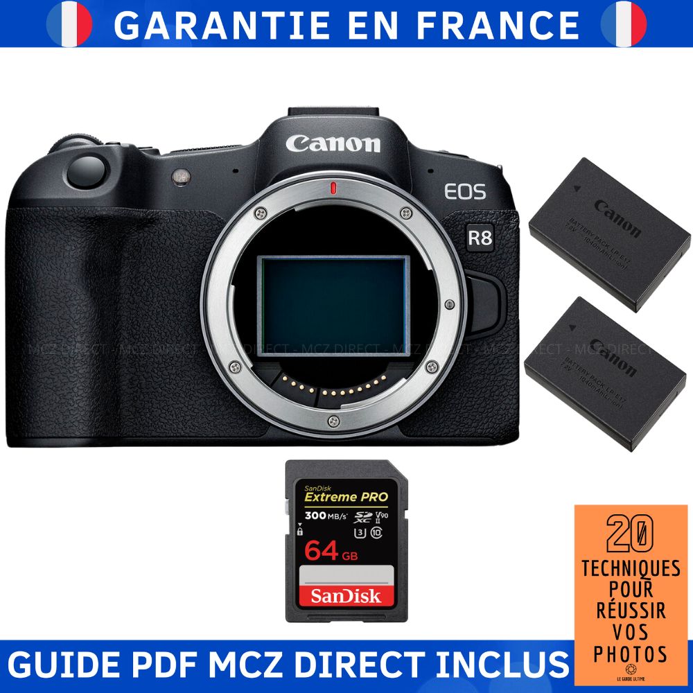 Canon EOS R8 Body + 1 SanDisk 64GB Extreme PRO UHS-II SDXC Card + 2 Canon LP-E17 Batteries + Guide PDF