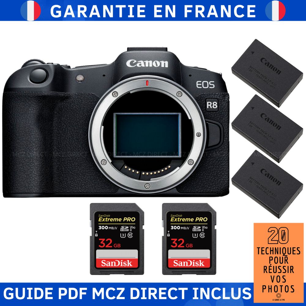 Canon EOS R8 Body + 2 SanDisk 32GB Extreme PRO UHS-II SDXC Cards + 3 Canon LP-E17 Batteries + Guide PDF MCZ