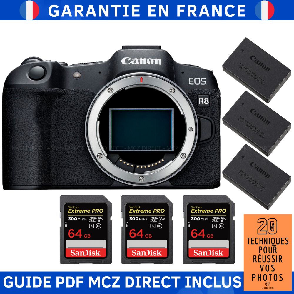 Canon EOS R8 + 3 SanDisk 64GB Extreme PRO UHS-II SDXC Cards + 3 Canon LP-E17 Batteries + '20 Tech Guide