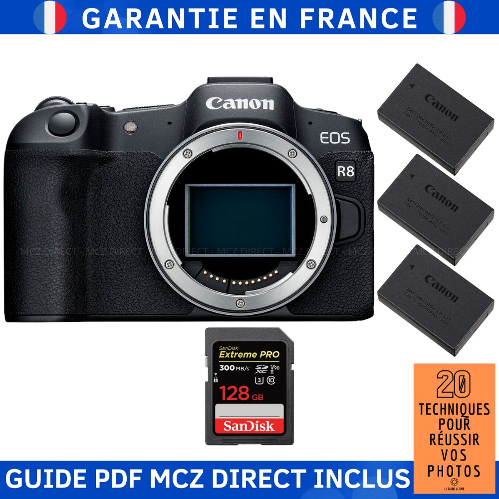 Canon EOS R8 + 1 SanDisk 128GB Extreme PRO UHS-II SDXC Card + 3 Canon LP-E17 Batteries + MCZ DIRECT '20 Techniques for Succeeding in Photos